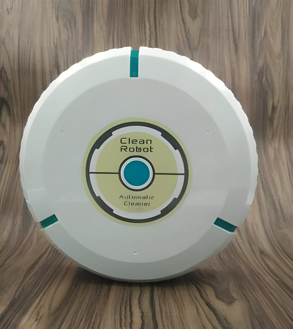 AC Sweeping Robot automatic vacuum cleaner in black or white on a wooden floor.