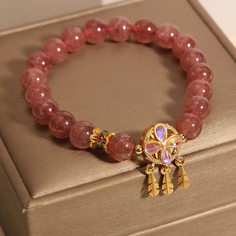 Natural strawberry quartz bracelet with four-leaf dream catcher pendant on adjustable cord, women's original design
