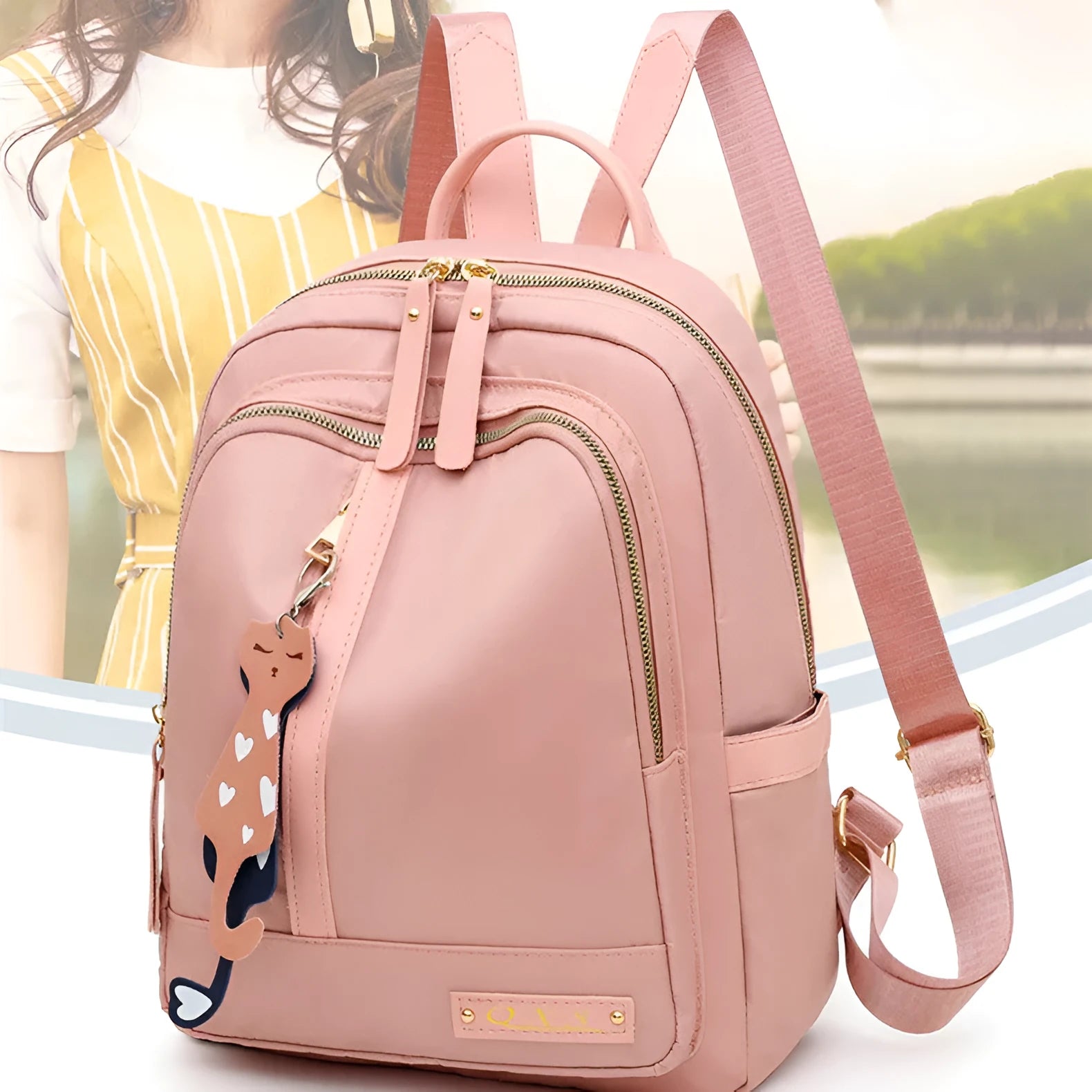 Black casual nylon backpack with shoulder straps showing internal organisation compartments