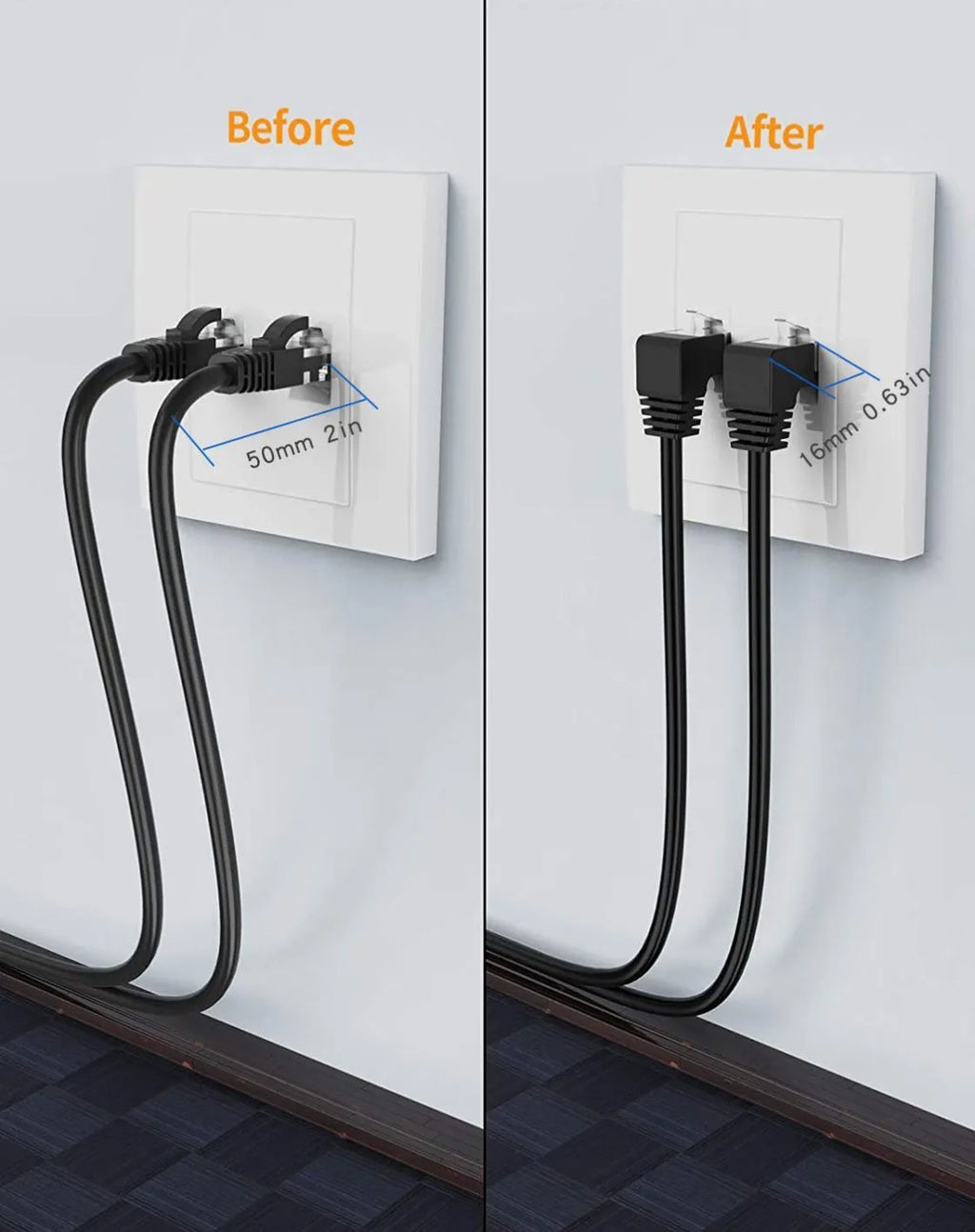 Cat6 Ethernet cable with a black right-angle RJ45 connector plugged into a port, showing its low-profile design.