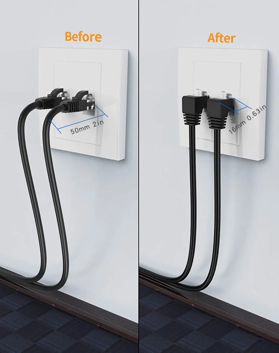 Cat6 Ethernet cable with a black right-angle RJ45 connector plugged into a port, showing its low-profile design.