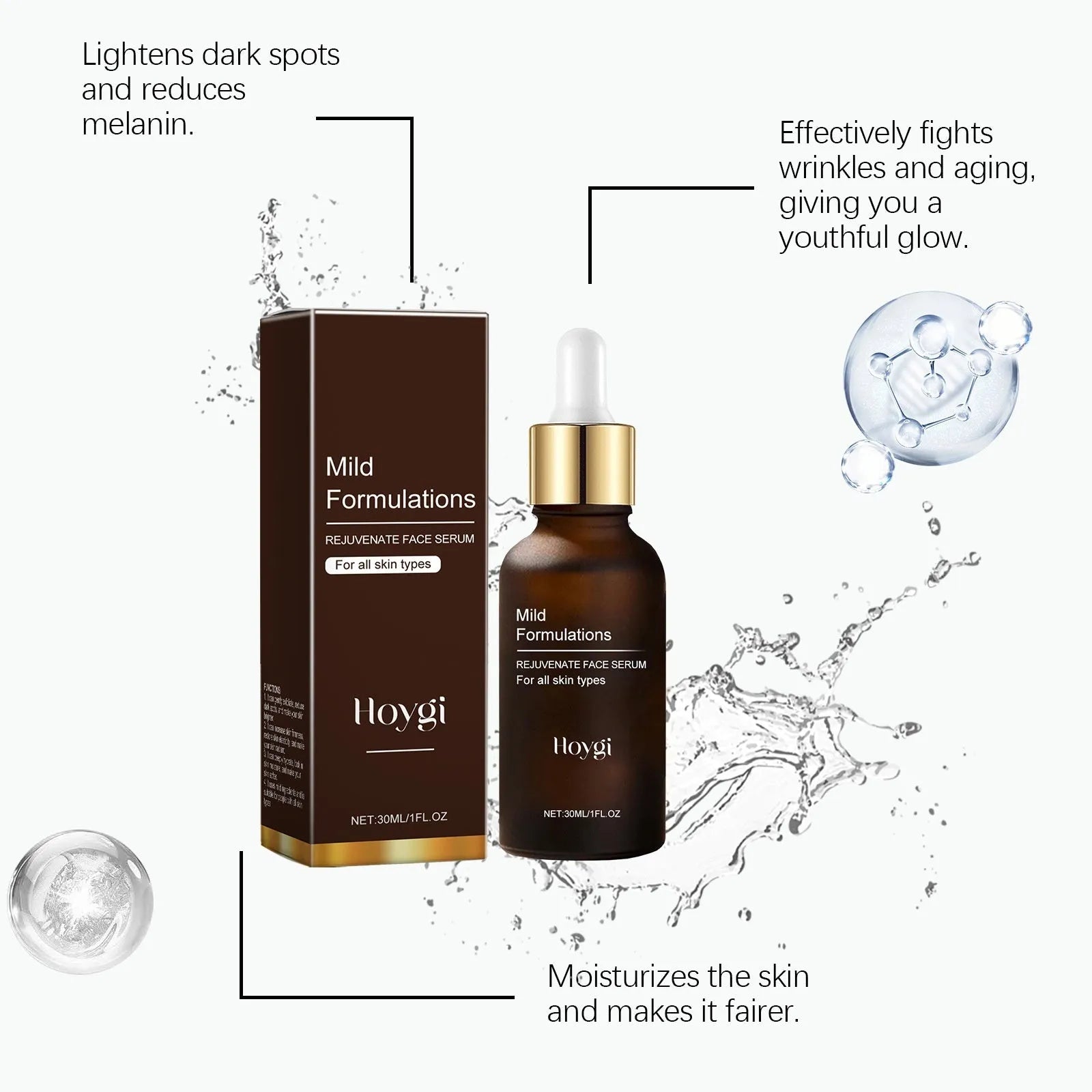 30ml facial essence in square 2.8cm bottle with arbutin, vitamin C and hyaluronic acid