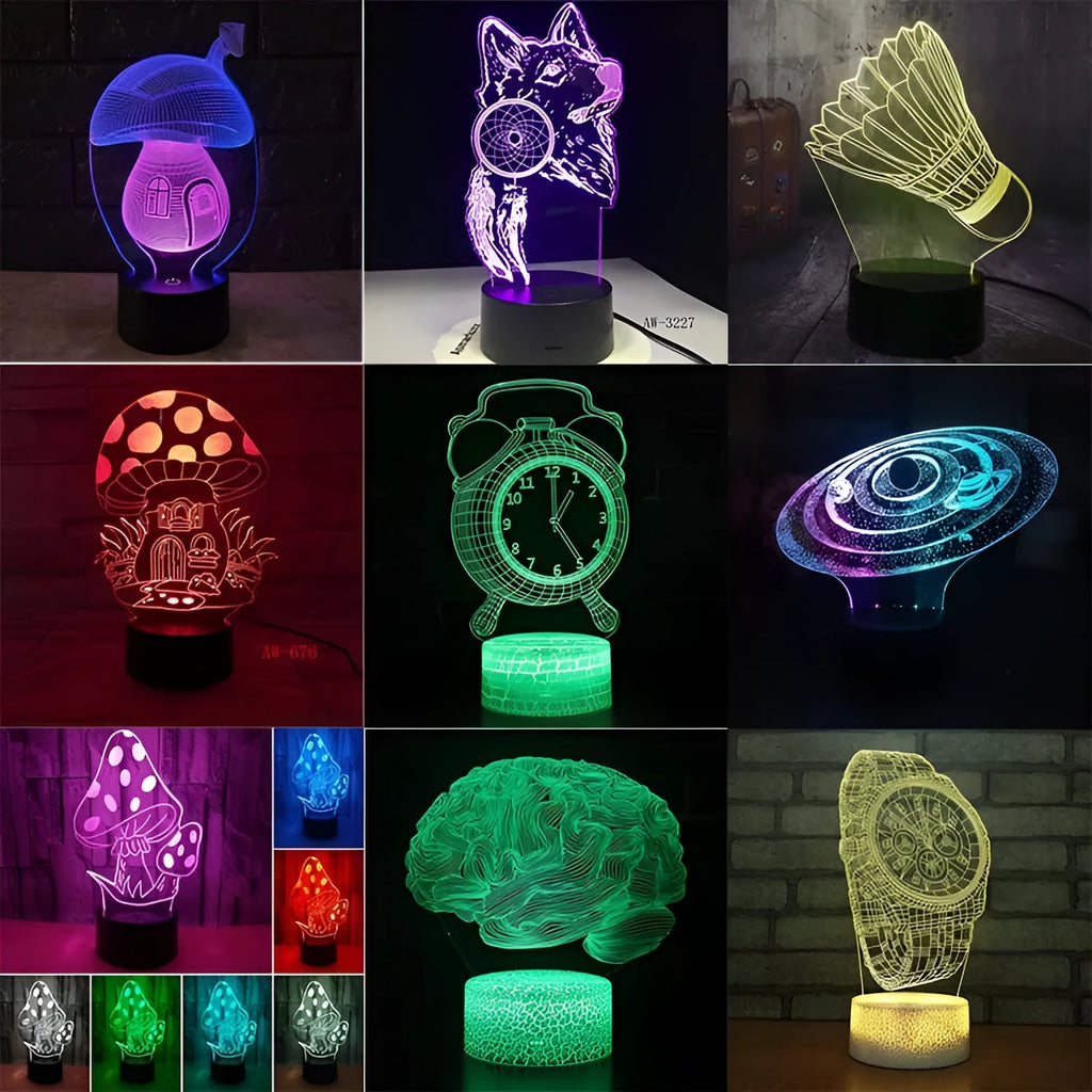 3D LED desk lamp with acrylic board and ABS base, showing remote control and USB cable