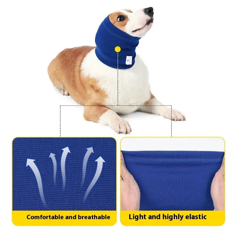 Blue and grey polyester headband scarf for dogs in small, medium, and large sizes.
