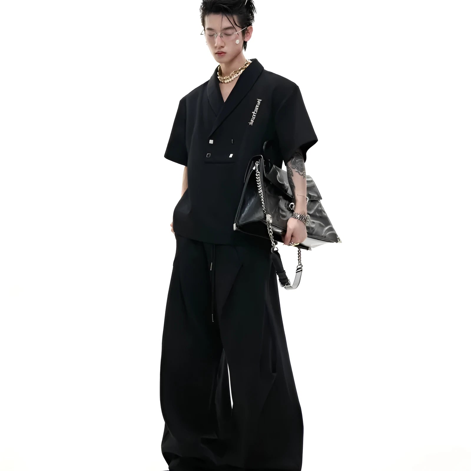 Men's dark grey V-neck sports suit with metal embellished jacket and matching athletic shorts