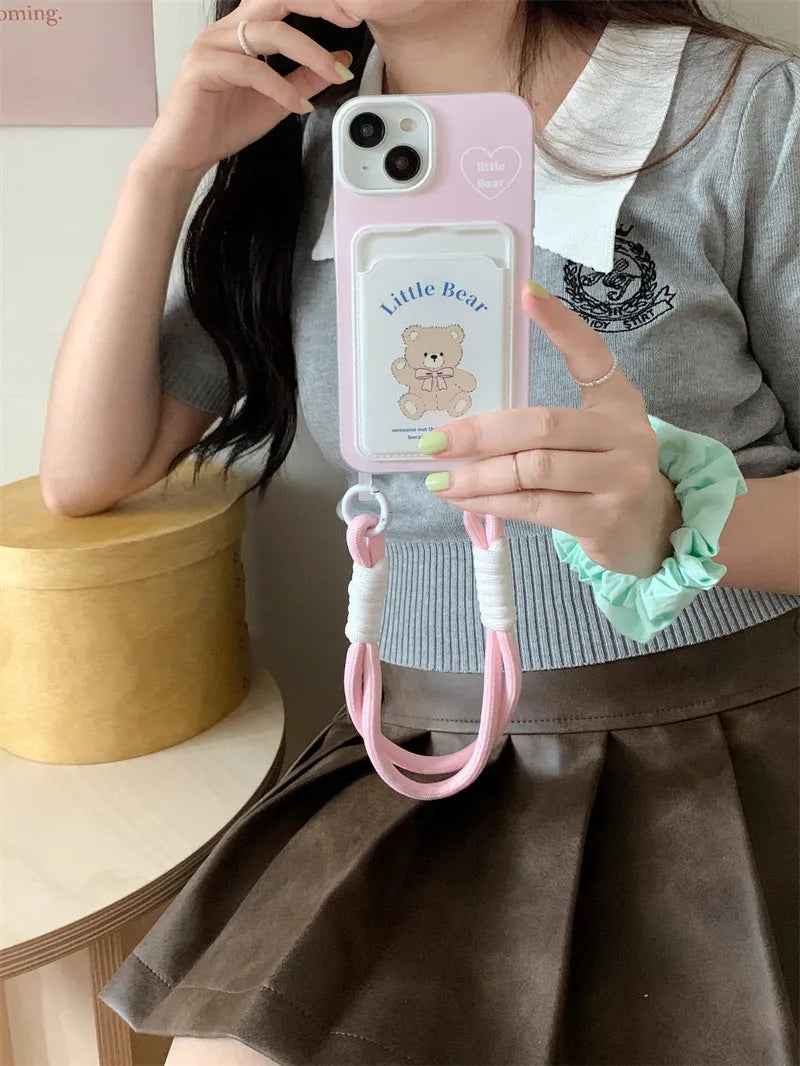 Pink bear TPU card holder lanyard phone case for iPhone 11 to 15 Pro Max with detachable strap