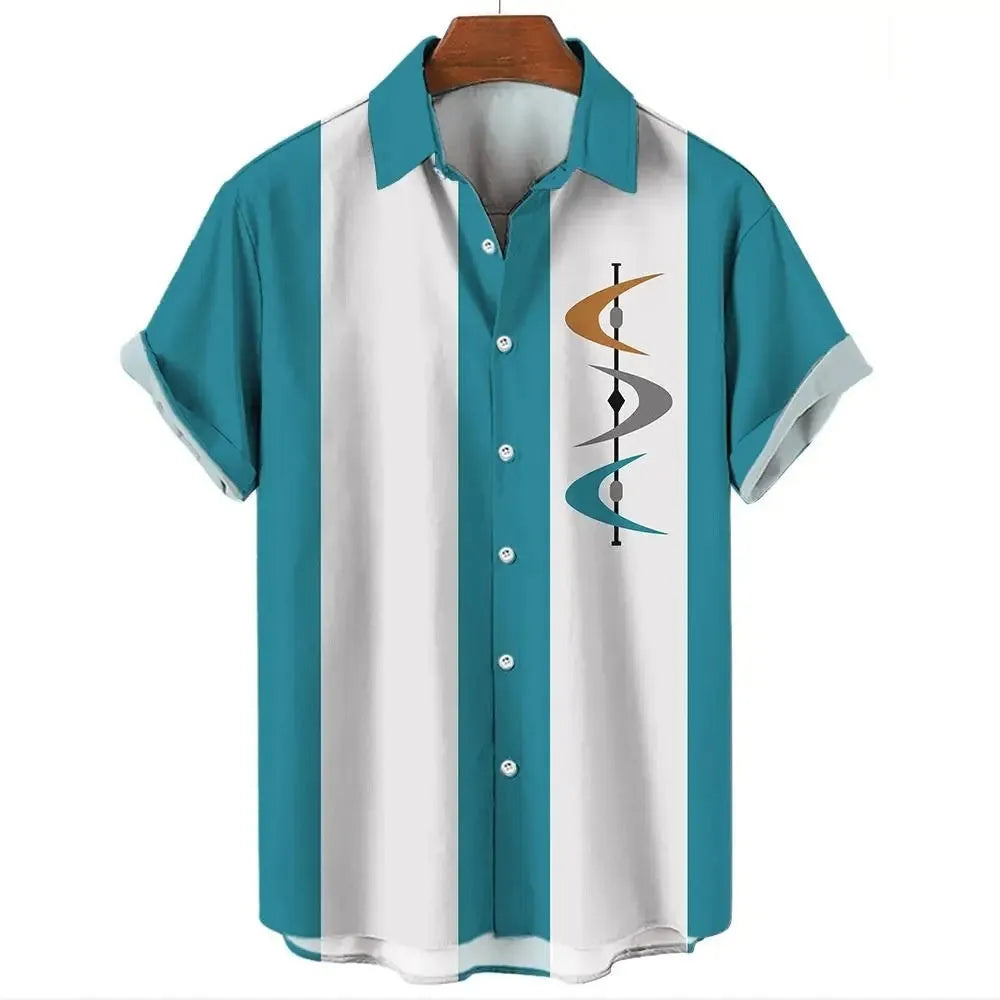 Man wearing a casual short sleeve Hawaiian shirt with blue and white stripes.