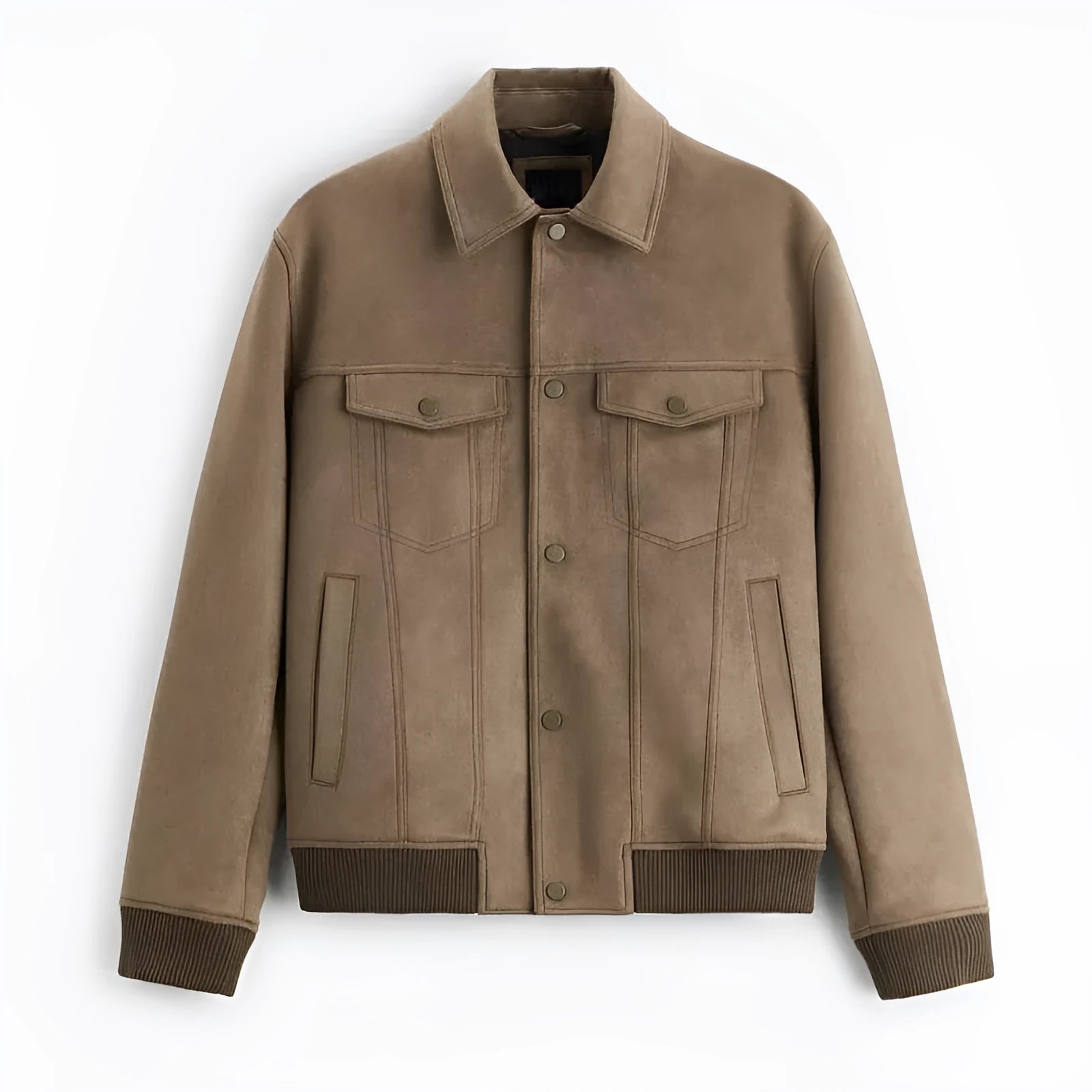 Men's light grey suede velvet British-style jacket with long sleeves on a model.