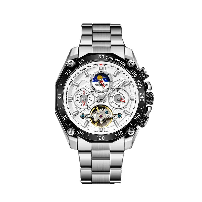 Men's automatic mechanical watch in silver case with white dial, black case with black dial, or gold steel options