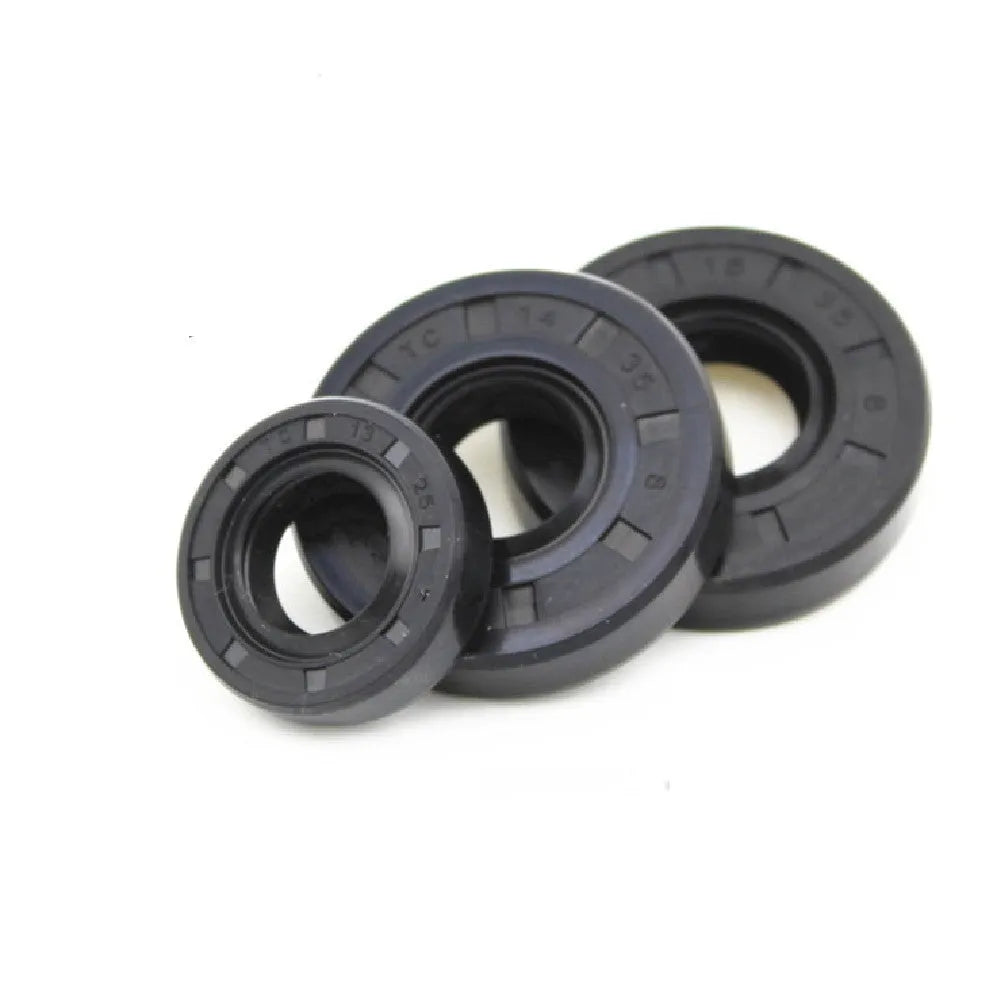 Ten black rubber and metal oil seals for AG100 motorcycle engines arranged on a white background.