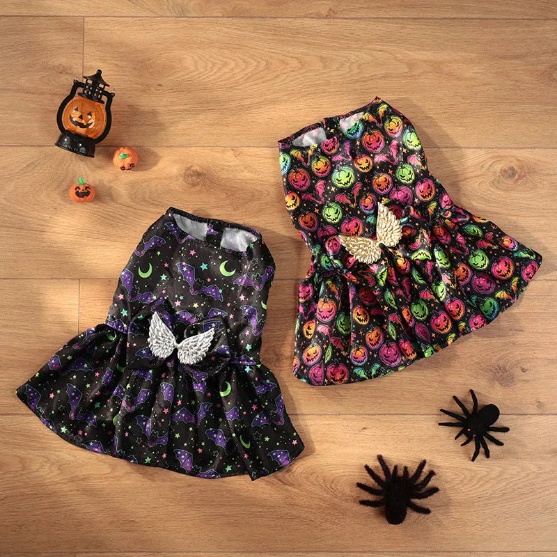 Orange or black bat patterned angel wings Halloween costume for a dog