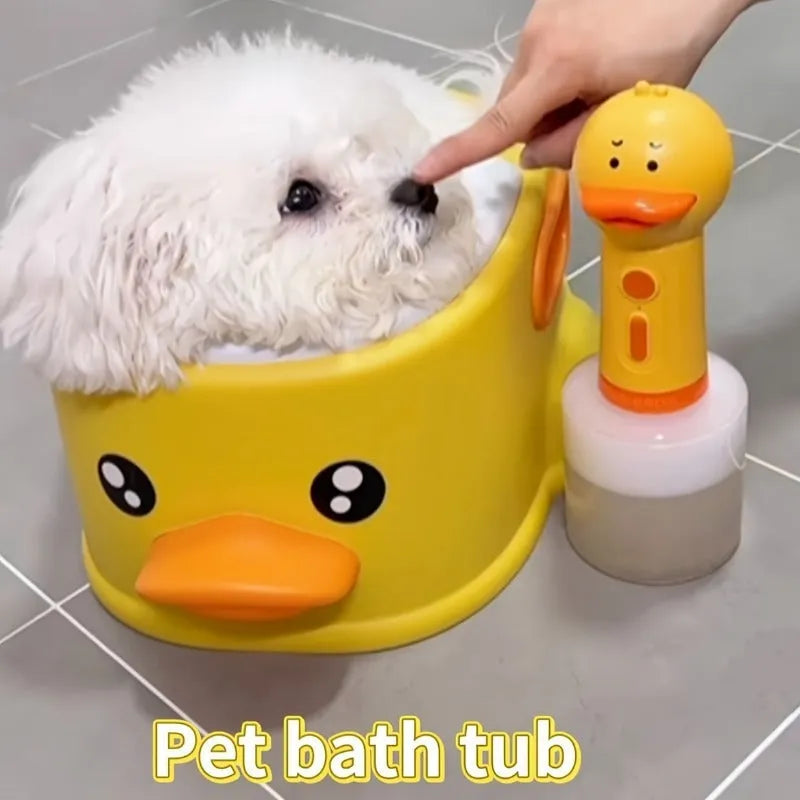 Blue duck-shaped PVC bathtub for washing a small dog or cat.