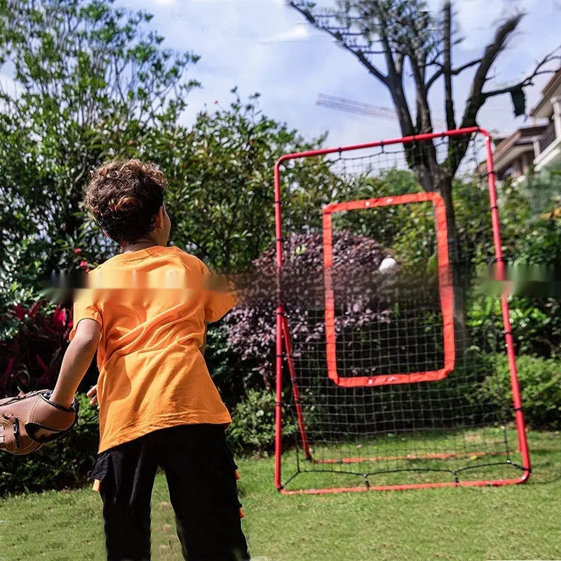 Red adjustable baseball training net with metal frame showing 4x6 feet dimensions