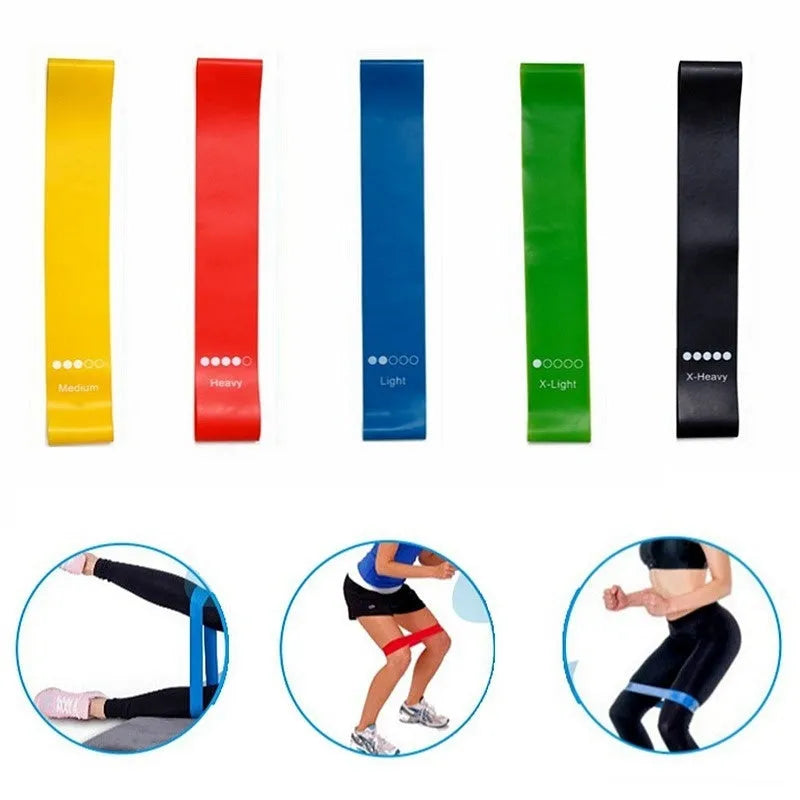 Five-piece yoga tension strap set in TPE fabric in solid colours green blue yellow red and black