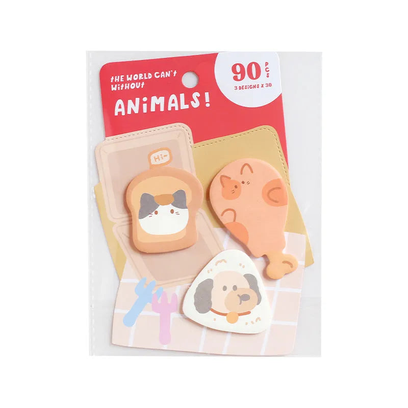 Small animal shaped sticky note pad with 90 pages, showing kitten, puppy and bunny character designs