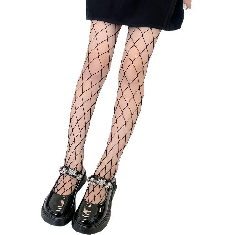Women's sheer black and white mesh stockings showing large, medium, and small net patterns