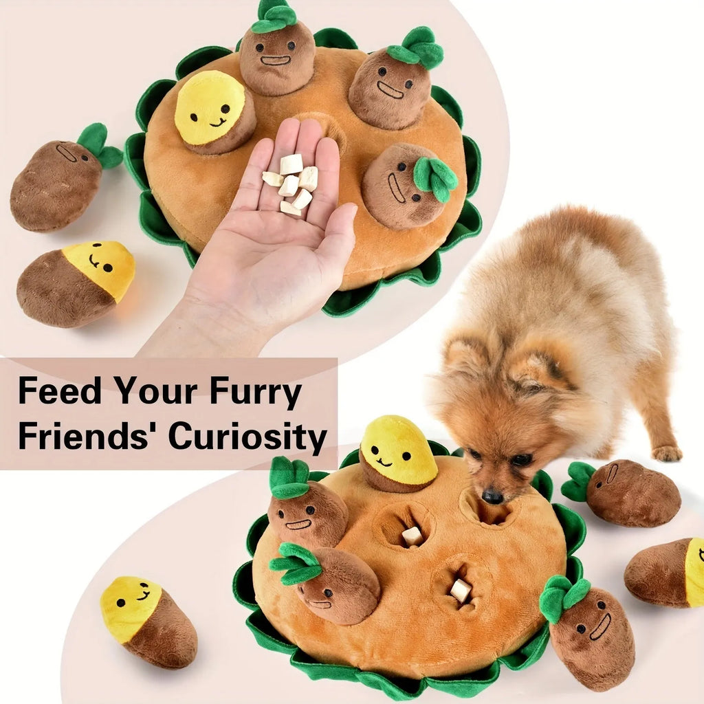Yellow interactive dog puzzle pad with removable squeaky plush toys for slow feeding and foraging games.