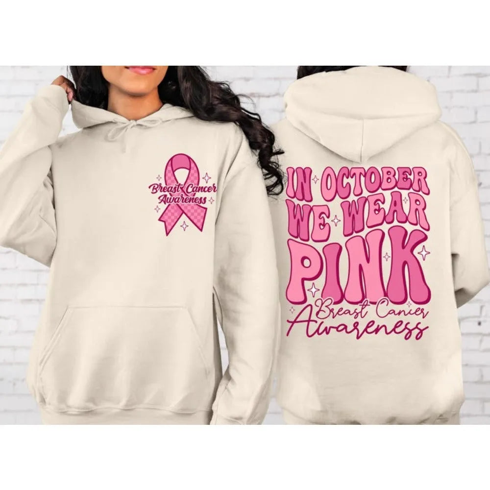 Breast Cancer Awareness hoodie with hot stamped retro pattern and side seam pocket in pink colour