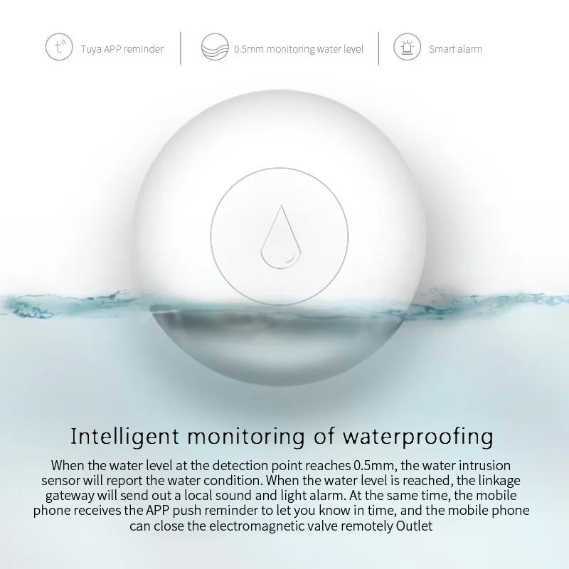 Wireless Zigbee water sensor with white PC housing measuring 50mm by 17mm