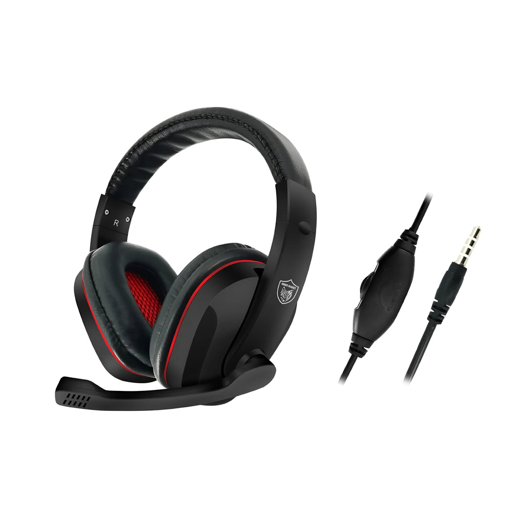 Black wired gaming headset with 6.3mm straight plug and 40mm speakers for heavy bass audio