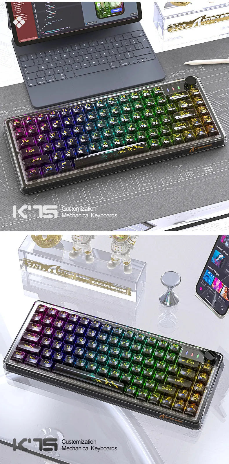 Attack Shark K75 RGB wireless mechanical keyboard with transparent housing showing internal components and RGB lighting