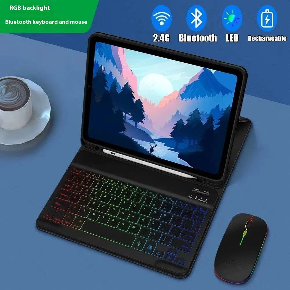 iPad protective case with luminous Bluetooth keyboard and leather sheath in black, featuring RGB three-color backlighting