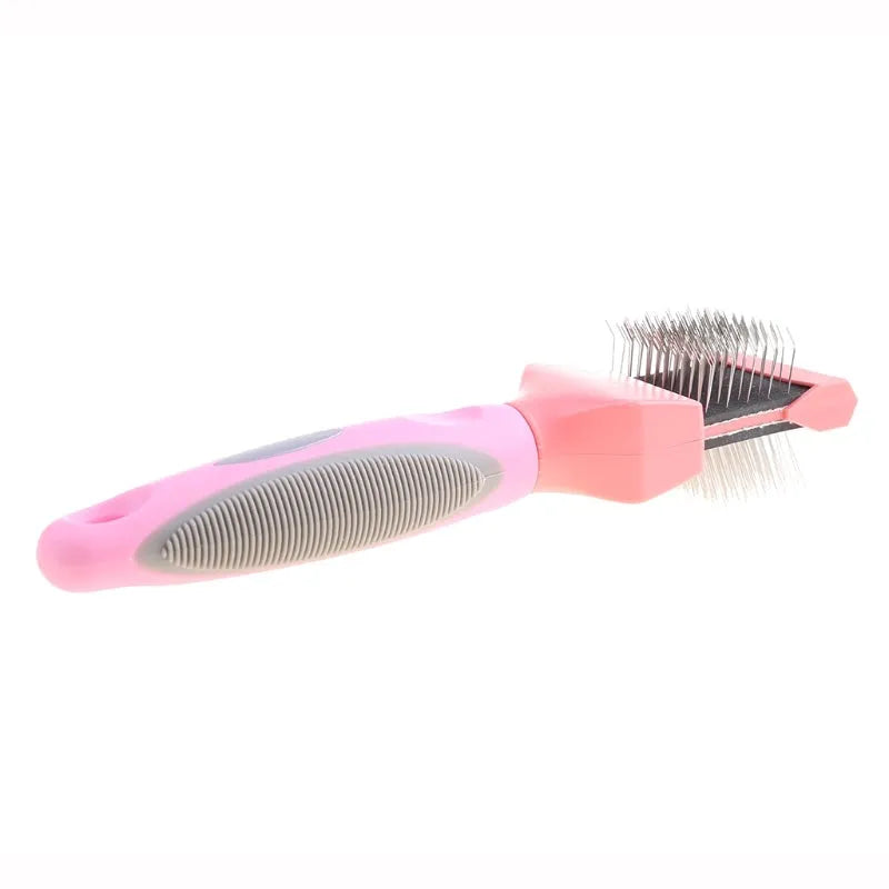 Blue double-sided pet brush with stainless steel pins on one side and a mix of soft and firm pins on the other.