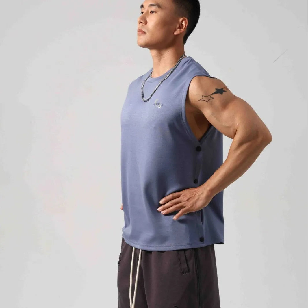 Men's black Korean style loose cotton fitness vest showing hidden hook side detail