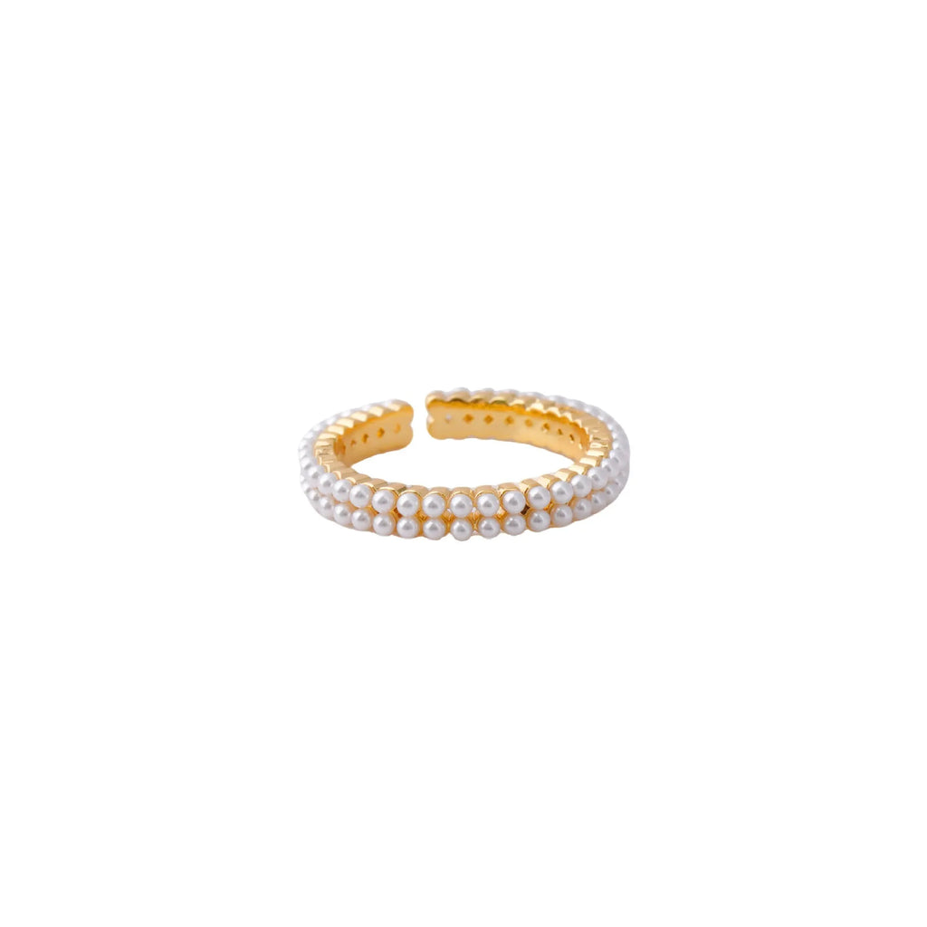 Gold electroplated geometric women's ring with adjustable open mouth design and round elements