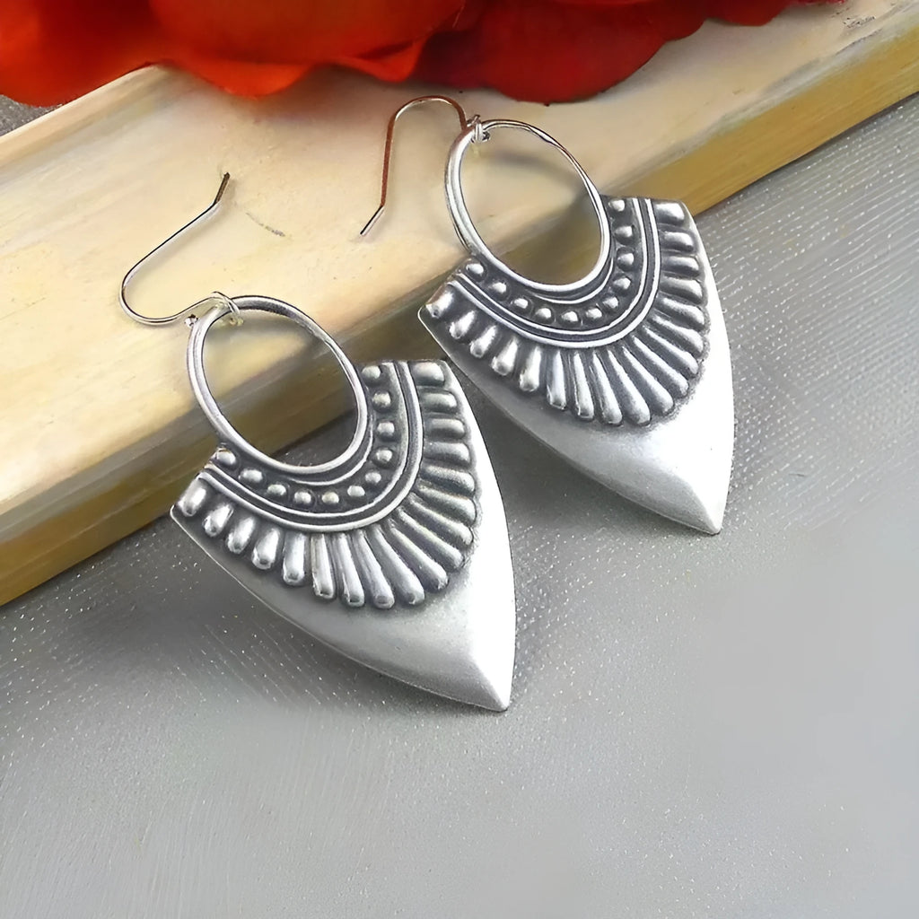 Ancient silver geometric carved triangle pendant earrings on alloy