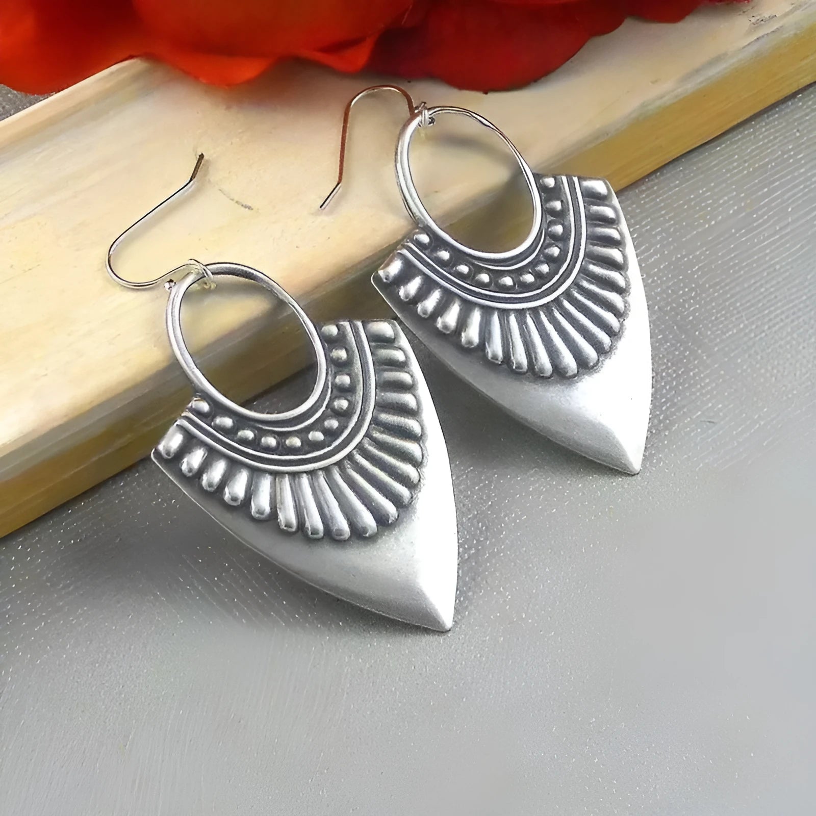 Ancient silver geometric carved triangle pendant earrings on alloy