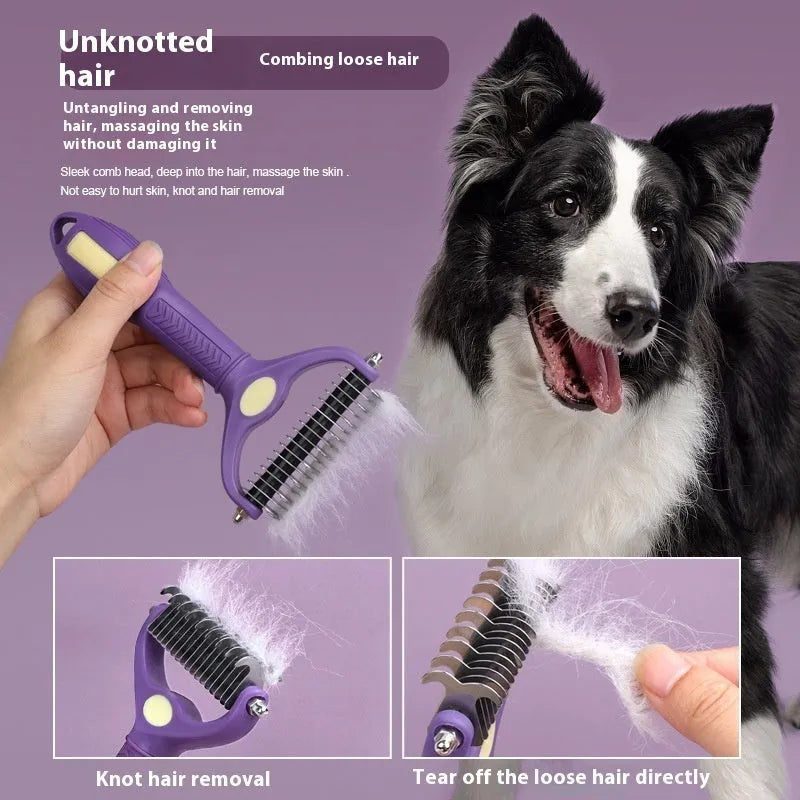 Purple double-sided plastic pet comb for detangling knots from cat or dog fur