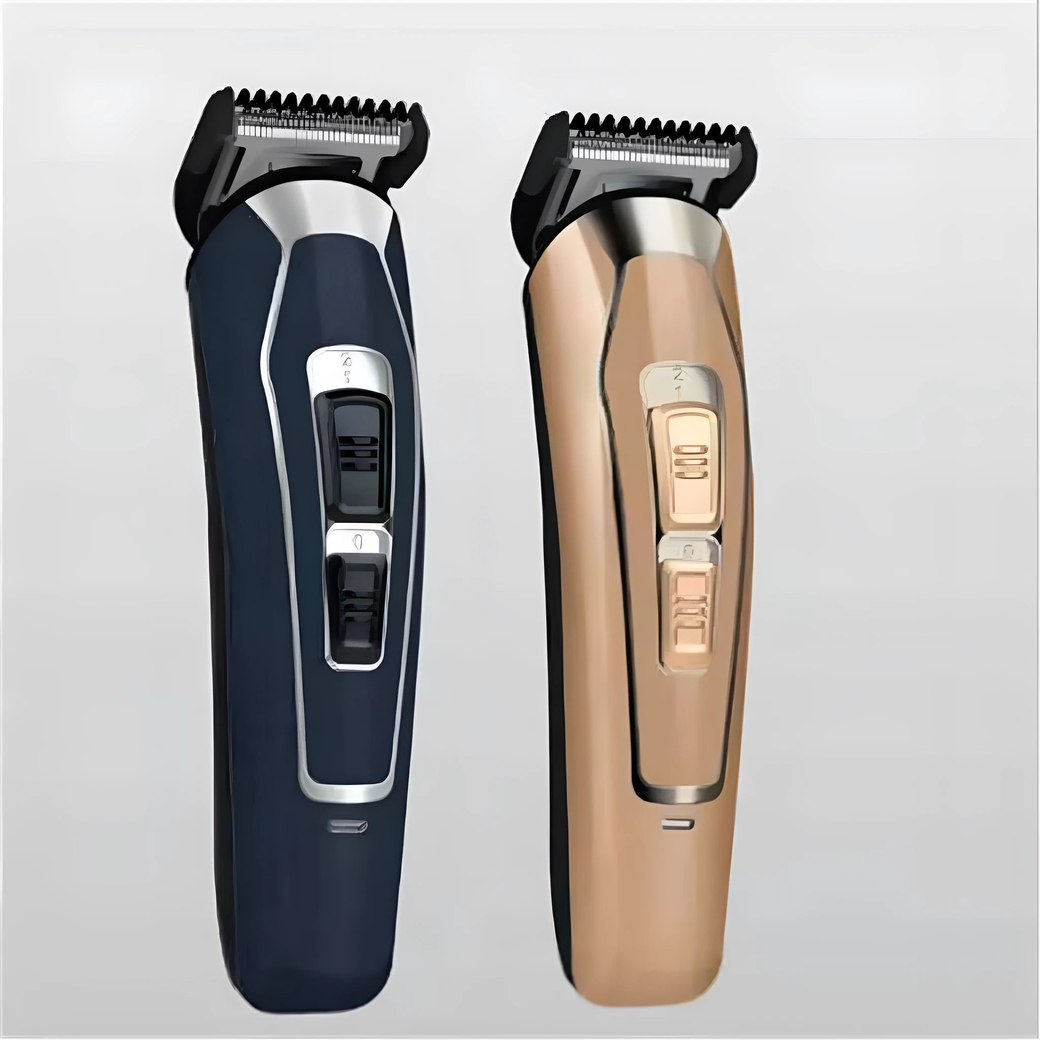Rechargeable dark blue and coffee coloured electric hair clipper with stainless steel blades