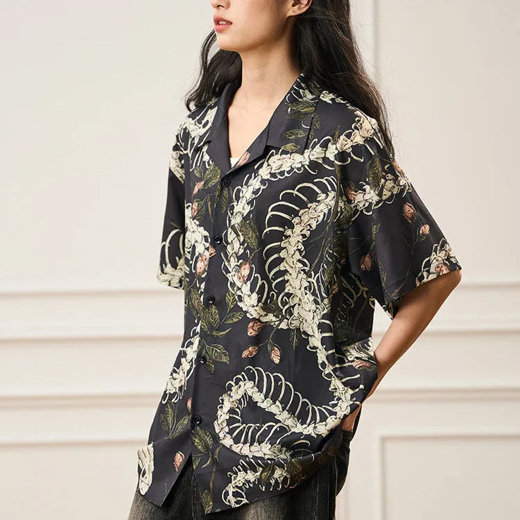 Floral snake bone pattern printed short sleeve Cuban collar loose fit shirt