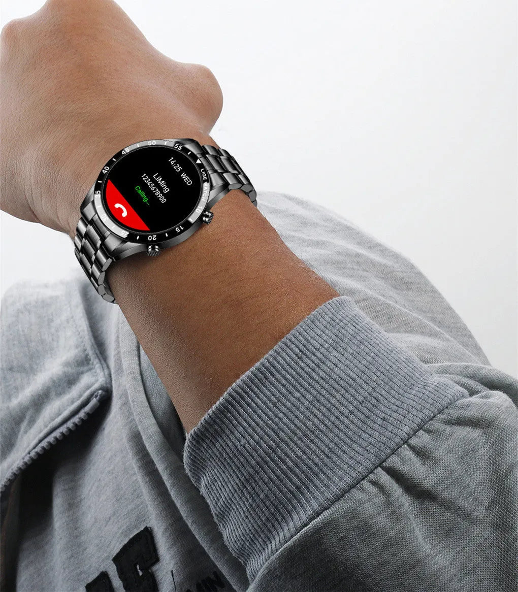 Stainless steel smart watch with black band and 1.3 inch touchscreen display.