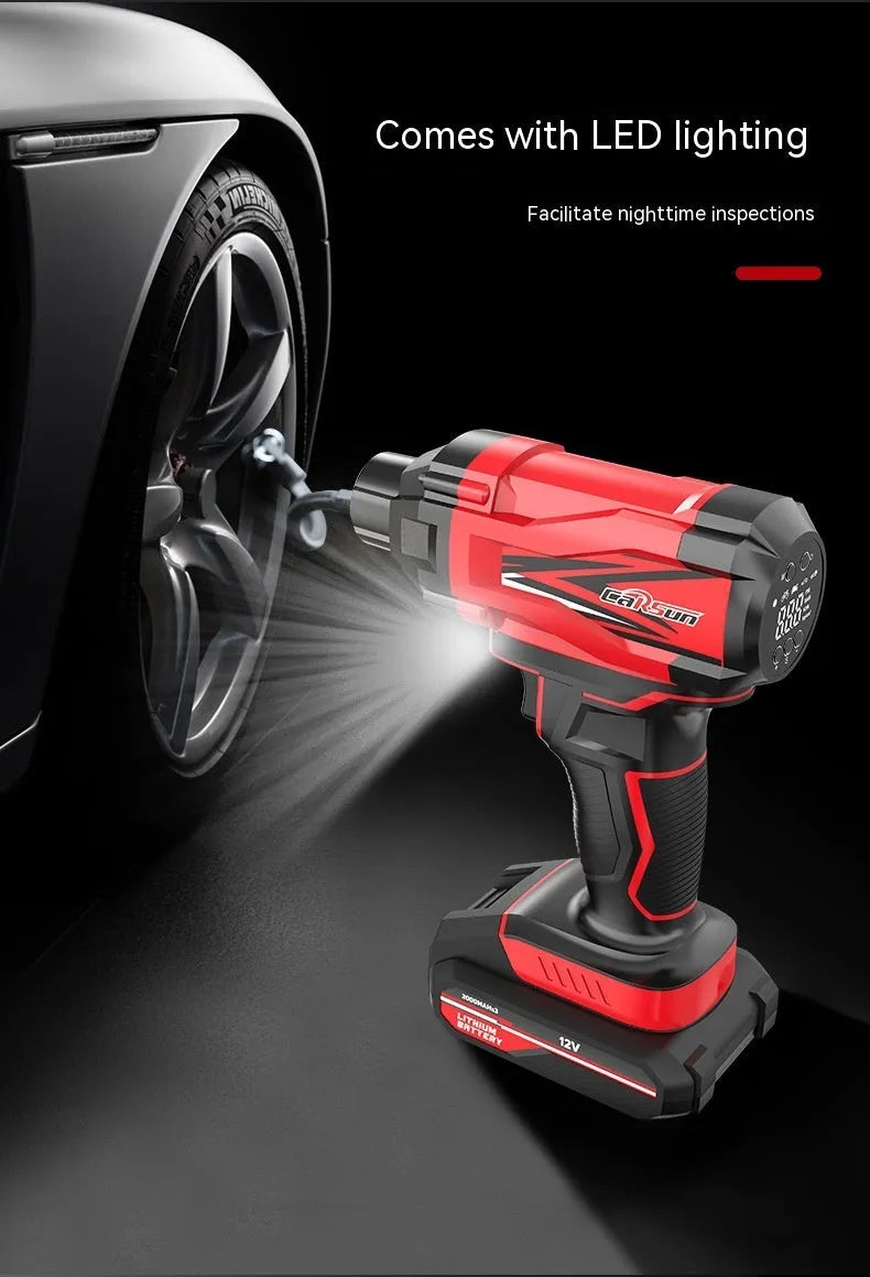 Red and black portable car air pump with digital display, power cable, and set of inflation nozzles.