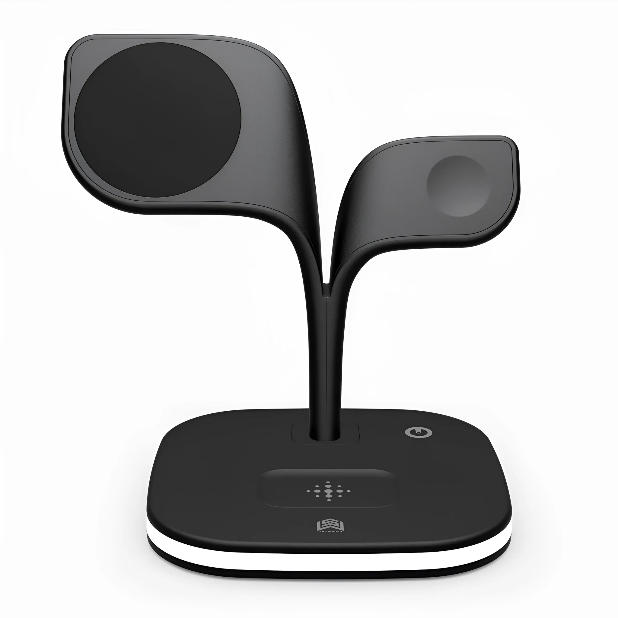 3-in-1 wireless charger stand for phone watch headphone in black on desk