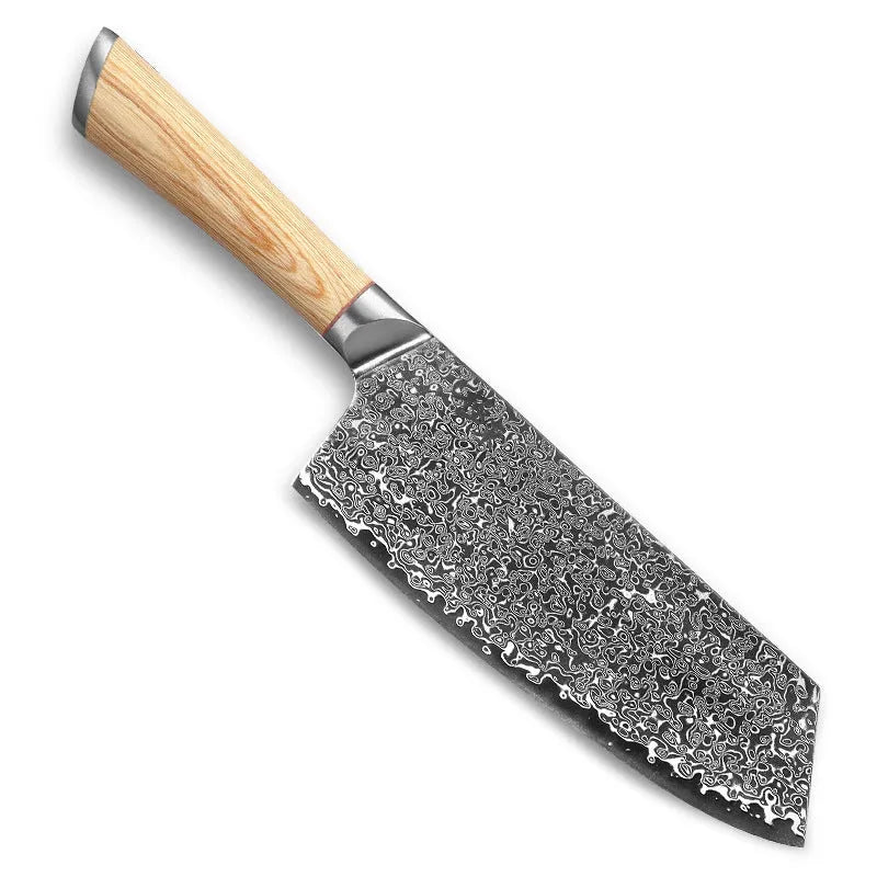 Damascus 8-piece kitchen knife set with 67-layer steel blades in New Chinese style on a wooden board