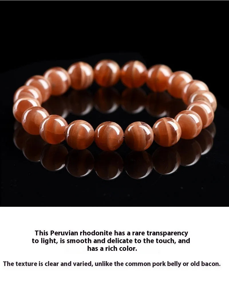 Natural rhodochrosite round bead bracelet with geometric Ruyi design in 6mm or 8mm Peruvian mineral