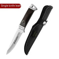 Camping portable fruit knife in stainless steel with leather case.
