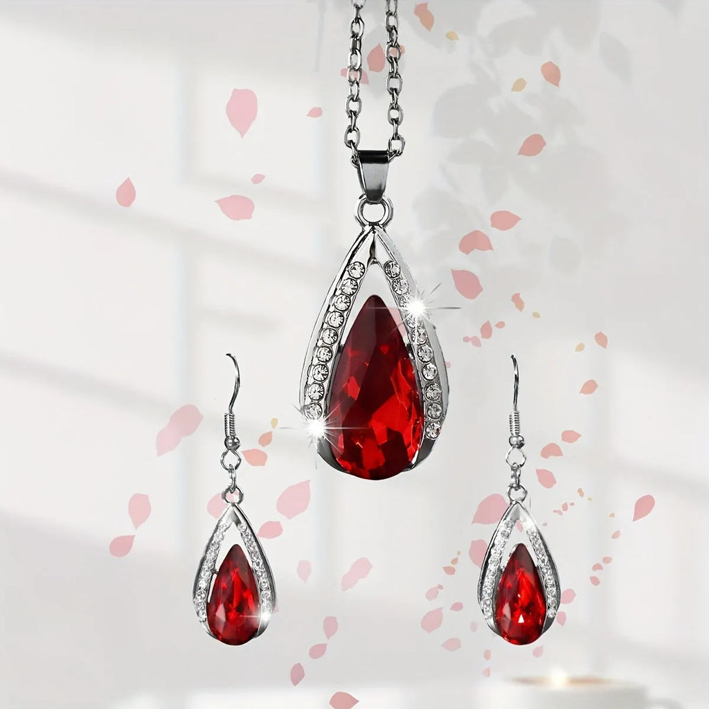 Black and red teardrop glass pendant necklace and matching earrings jewellery set.