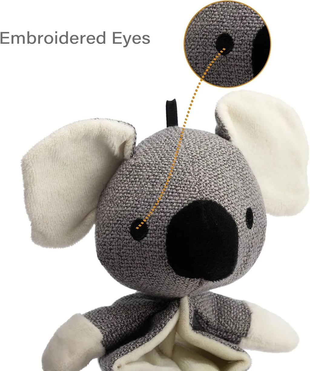 Grey koala dog chew toy with squeaker and crinkle paper, measuring 30cm long.
