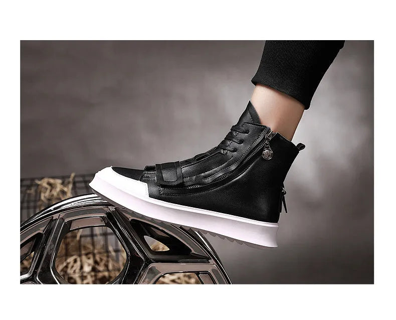 PU leather men's winter ankle boots in black and white colours with high-top sneakers style