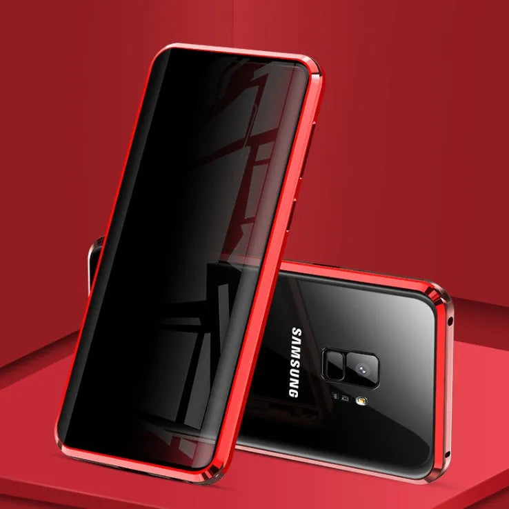 Black anti-peeping magnetic clamshell phone case for Samsung Galaxy smartphones shown closed.