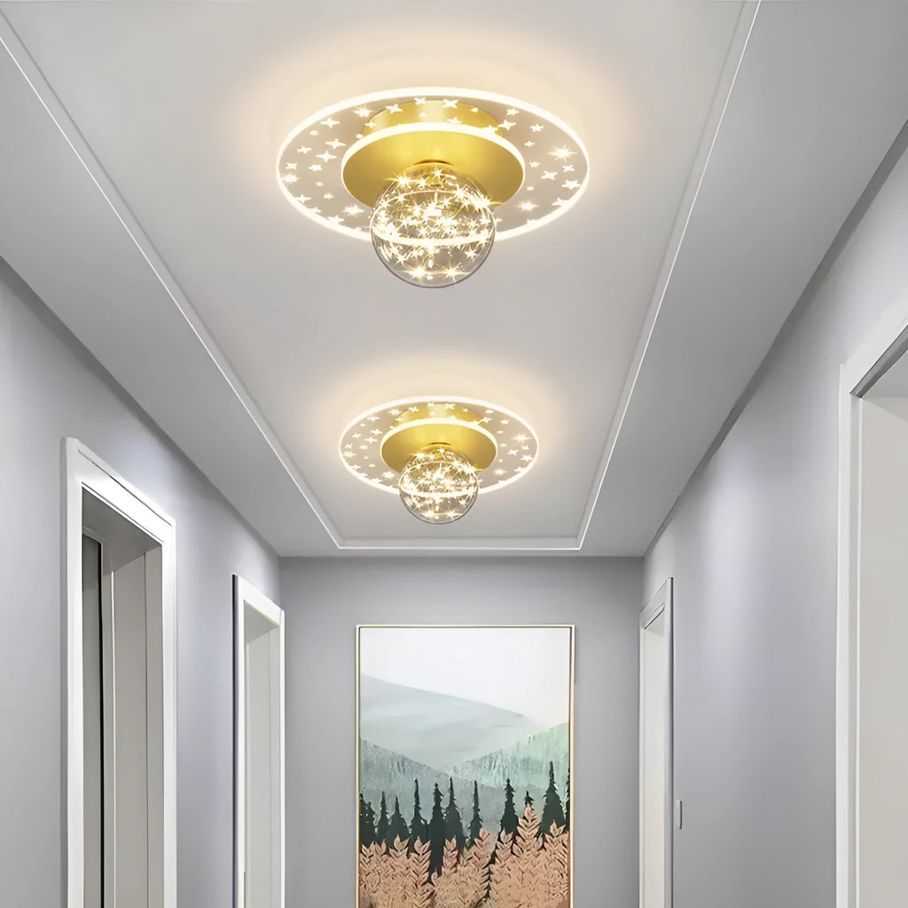 Modern simplicity LED ceiling lamp with three colour modes, available in gold finish, installed in a hallway
