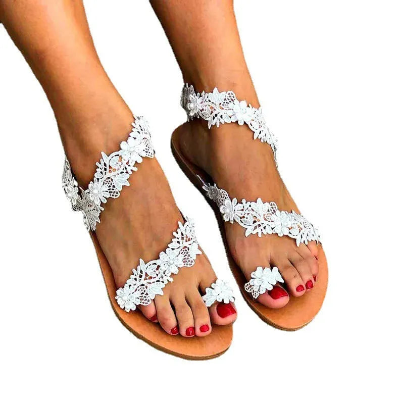 White patent leather flat sandals with rhinestone flower decoration, plus size women's slip-on shoes