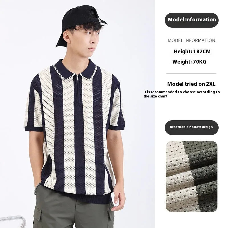 Man wearing a black and white stripe short sleeve viscose sweater with a silver zip decoration on the chest.