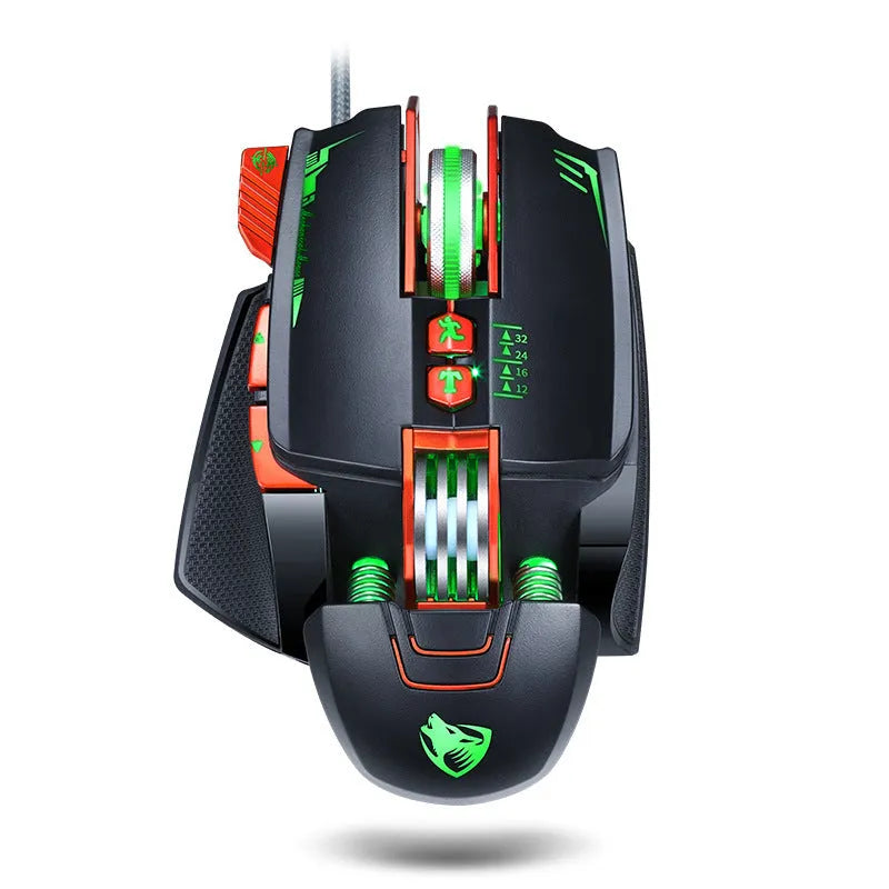 Thunder Wolf V9 wired gaming mouse in black or grey on a mousepad, showing its six buttons and ergonomic shape.