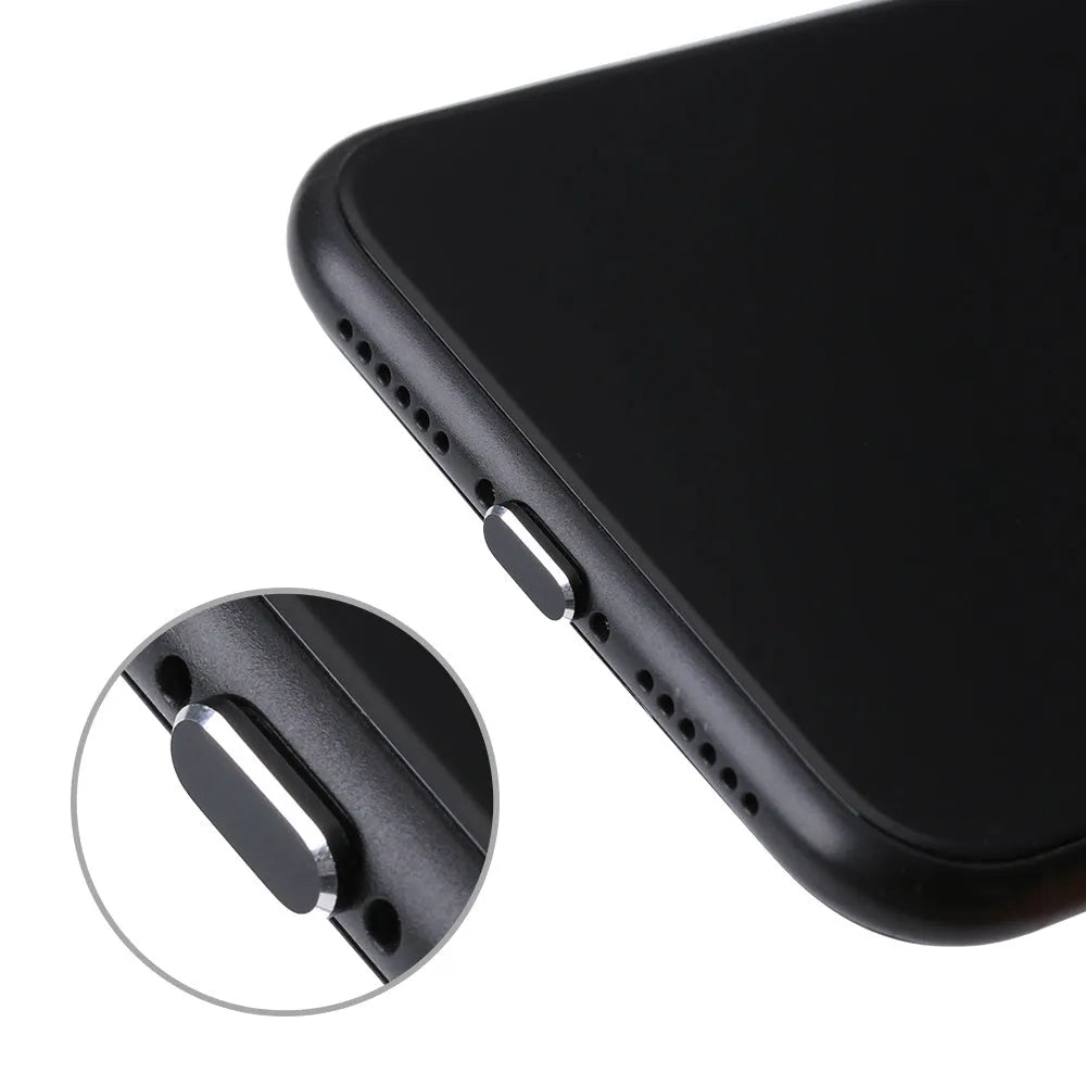 Aluminium alloy iPhone charging port dust plug in various colours on a white background.