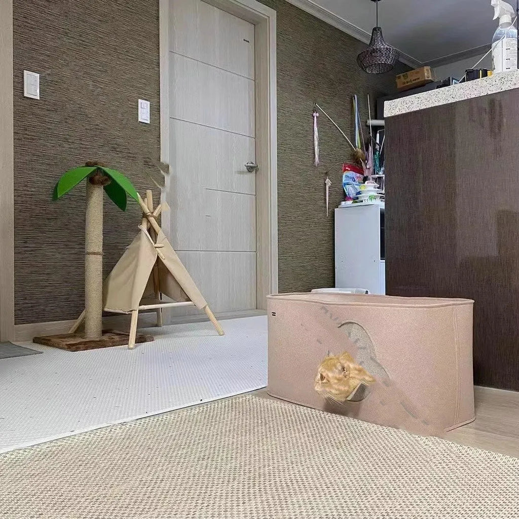 Foldable felt cat nest in khaki on a flat surface, 52x26x26cm size option